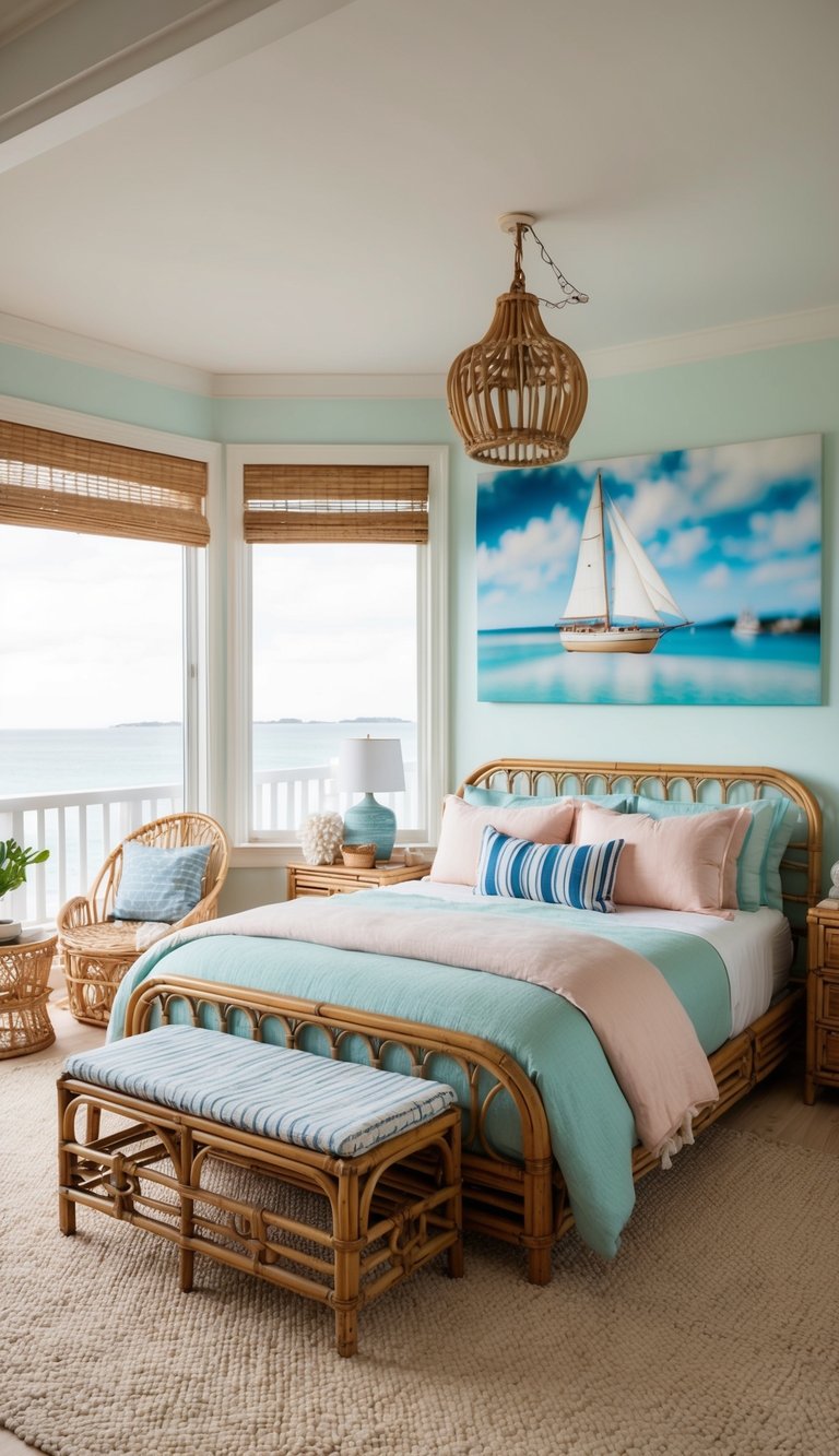 A cozy bedroom with rattan furniture, soft pastel colors, and nautical decor, evoking a serene coastal vibe