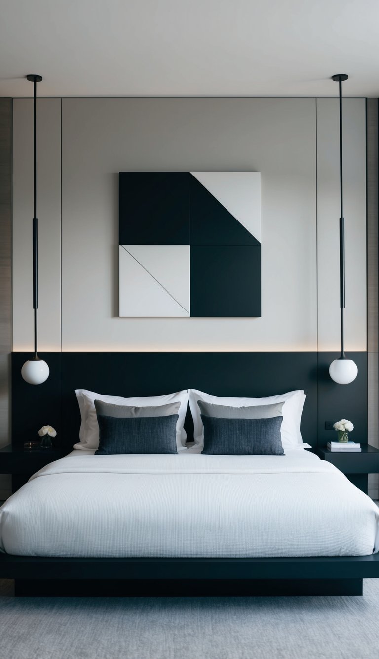 A sleek, minimalist bedroom with a large geometric wall art piece as the focal point. Clean lines and modern furniture complete the contemporary look