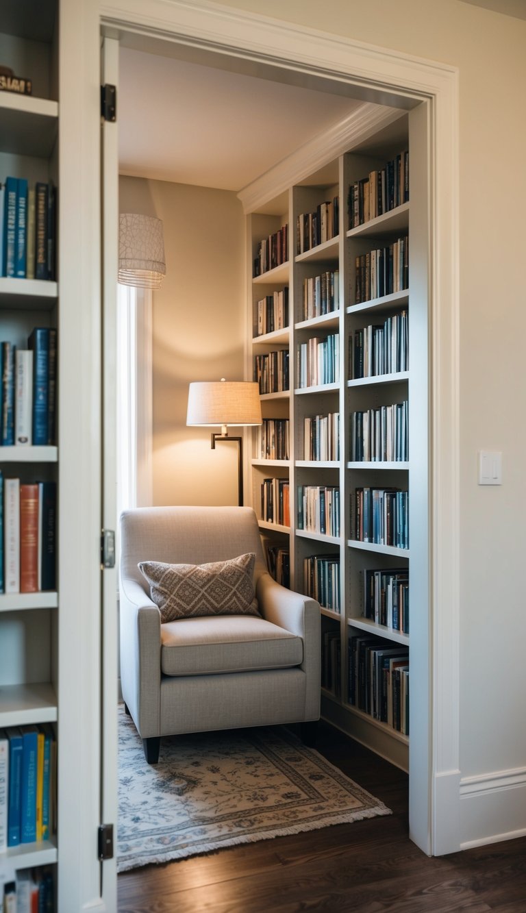 A cozy reading nook with built-in bookshelves, soft lighting, and a comfortable chair in a dreamy bedroom