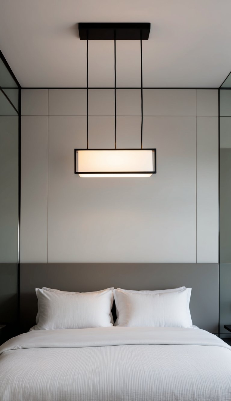 A sleek, minimalist bedroom with a statement lighting piece hanging above a modern bed. Clean lines and neutral colors create a contemporary atmosphere