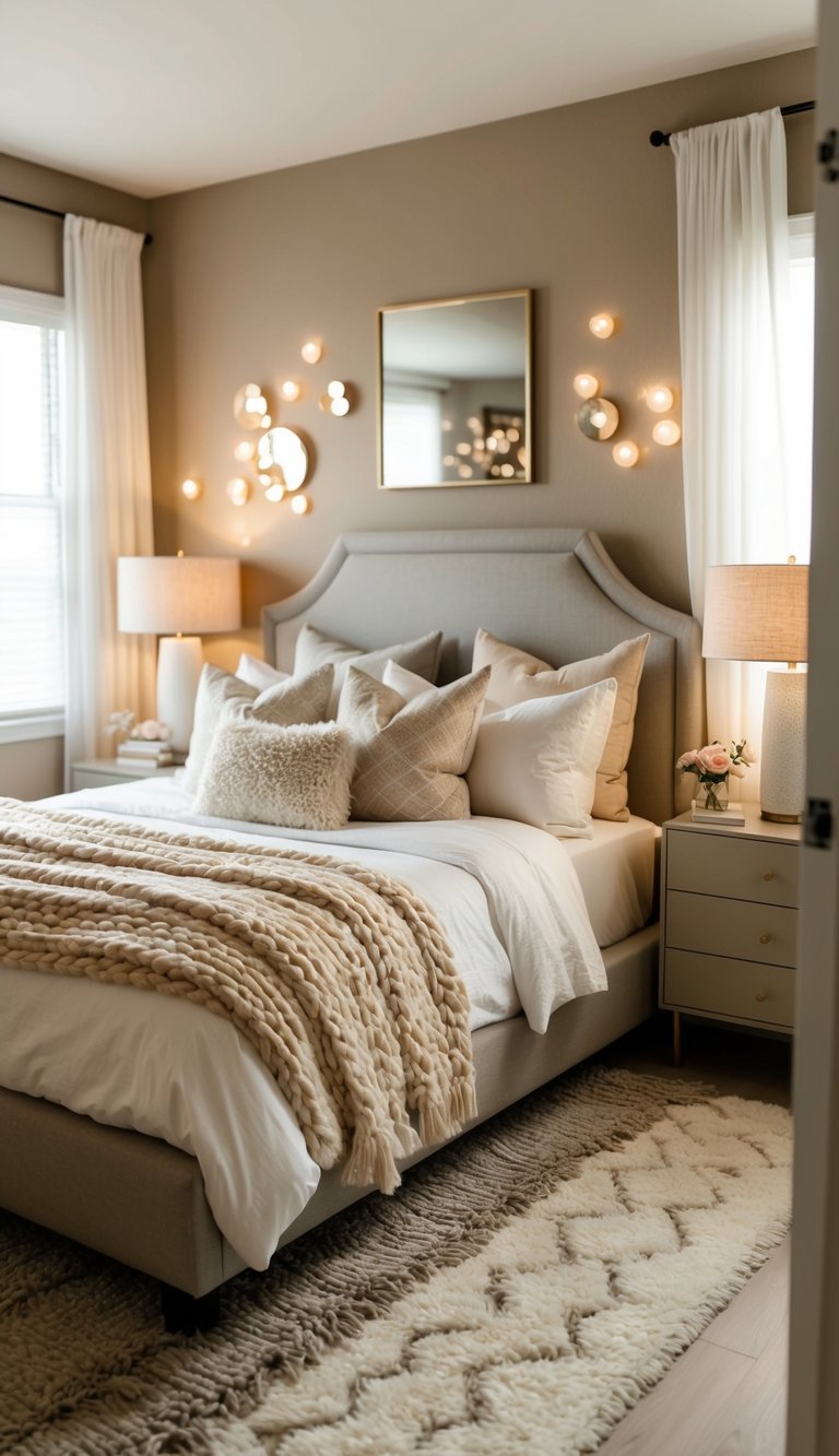 A cozy bedroom with layered rugs in soft, neutral tones. A plush, inviting space with warm lighting and dreamy decor