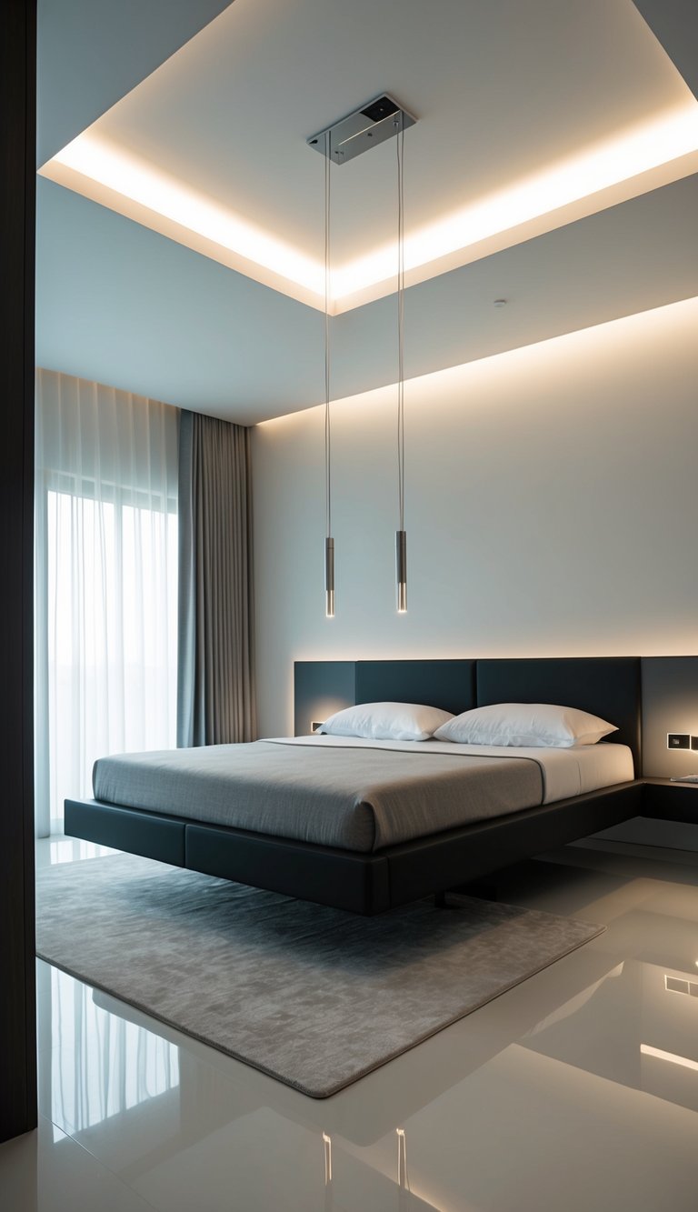 A sleek, minimalist bedroom with a floating bed suspended from the ceiling, surrounded by modern decor and soft ambient lighting