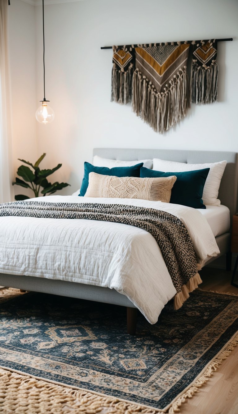 A modern bedroom with layered rugs for texture, featuring a mix of patterns and colors, creating a cozy and stylish atmosphere