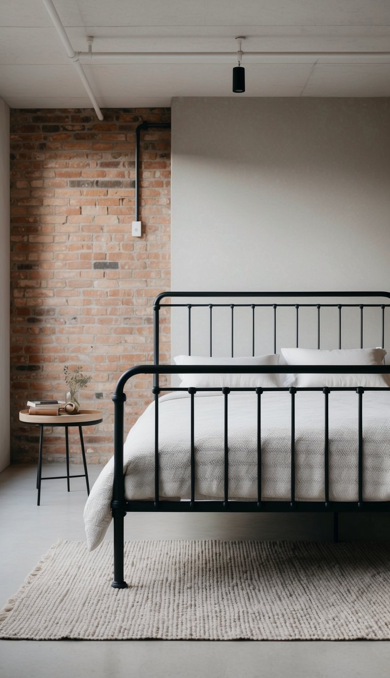 A modern industrial-style metal bed frame sits in a minimalist bedroom with exposed brick walls and a cozy, neutral color palette