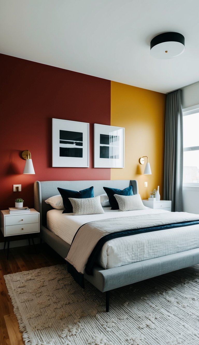 A bedroom with a bold accent wall in modern colors, sleek furniture, and minimalist decor