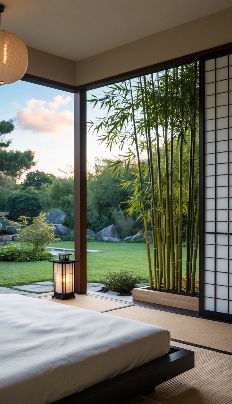 A peaceful bedroom with a low platform bed, paper lanterns, bamboo plants, and sliding shoji screens overlooking a tranquil garden