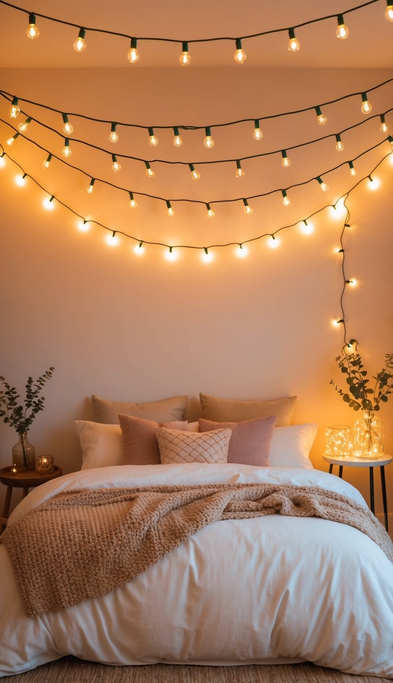 A cozy bedroom with string lights casting a warm, magical glow over a dreamy, whimsical space