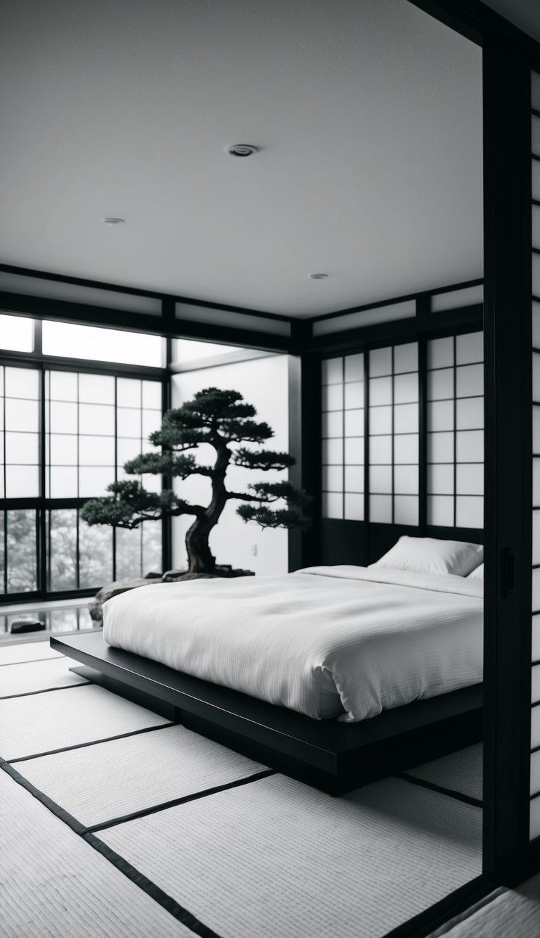 A minimalist bedroom with tatami mats, shoji screens, and a low platform bed. A bonsai tree and a small rock garden add to the serene atmosphere