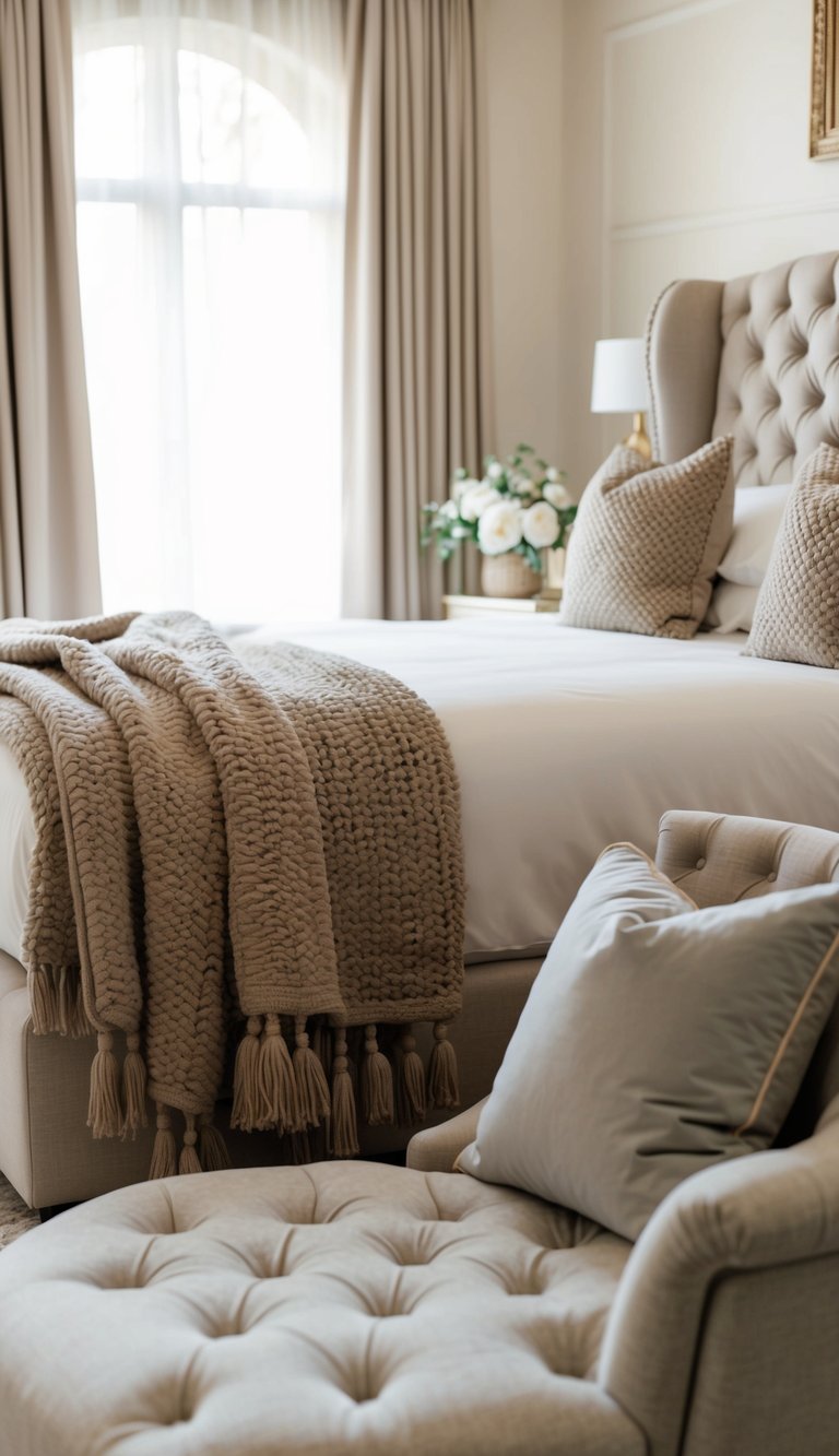 A cozy, elegant bedroom with plush throw blankets draped over a tufted headboard and a chaise lounge, soft lighting, and a hint of opulence