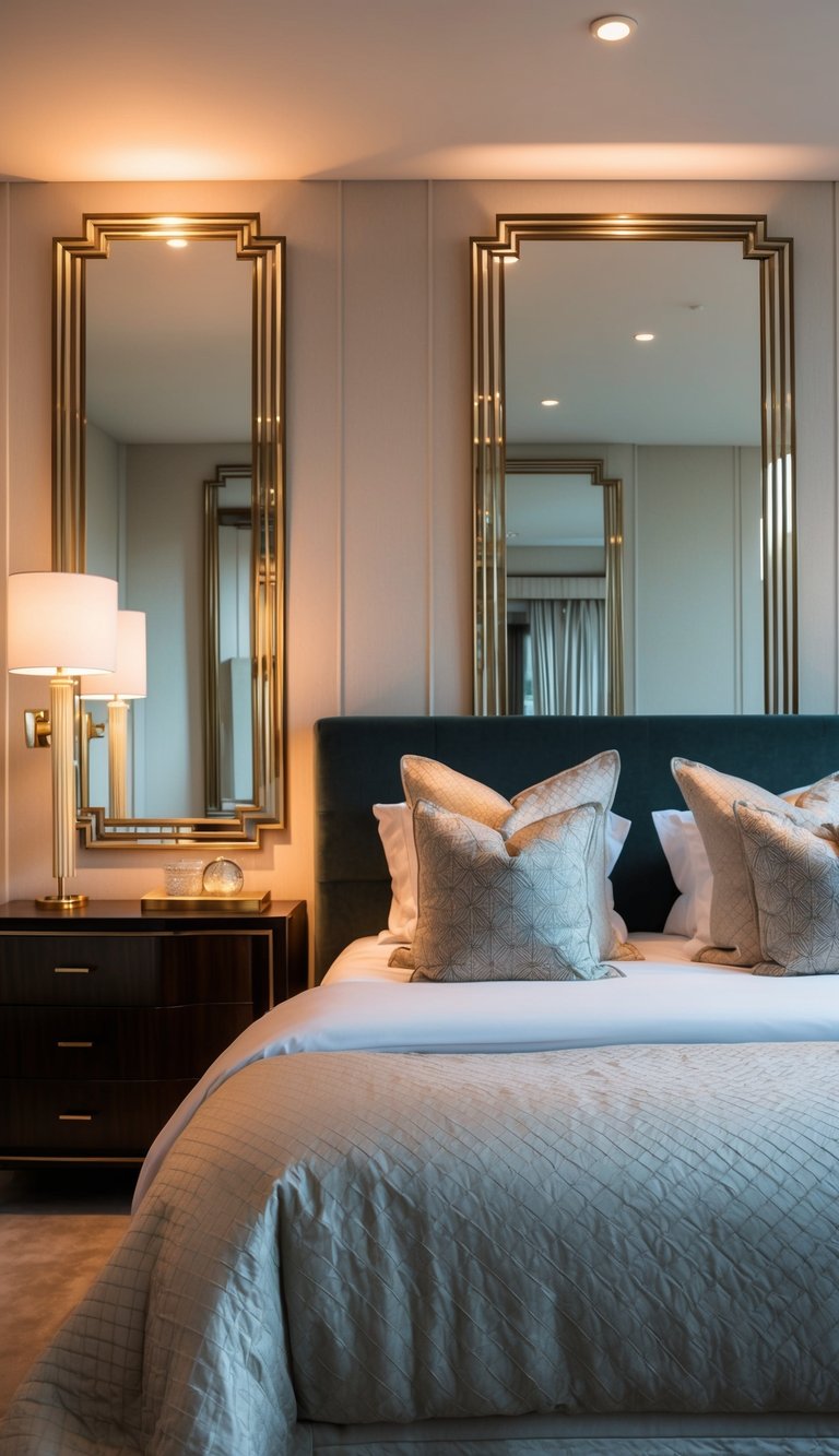 A bedroom with Art Deco mirrors, soft lighting, and luxurious bedding