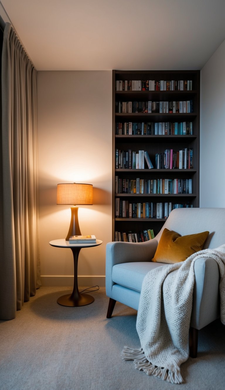 A modern bedroom with a cozy reading nook featuring a comfortable armchair, a soft throw blanket, a small side table with a warm lamp, and a bookshelf filled with books