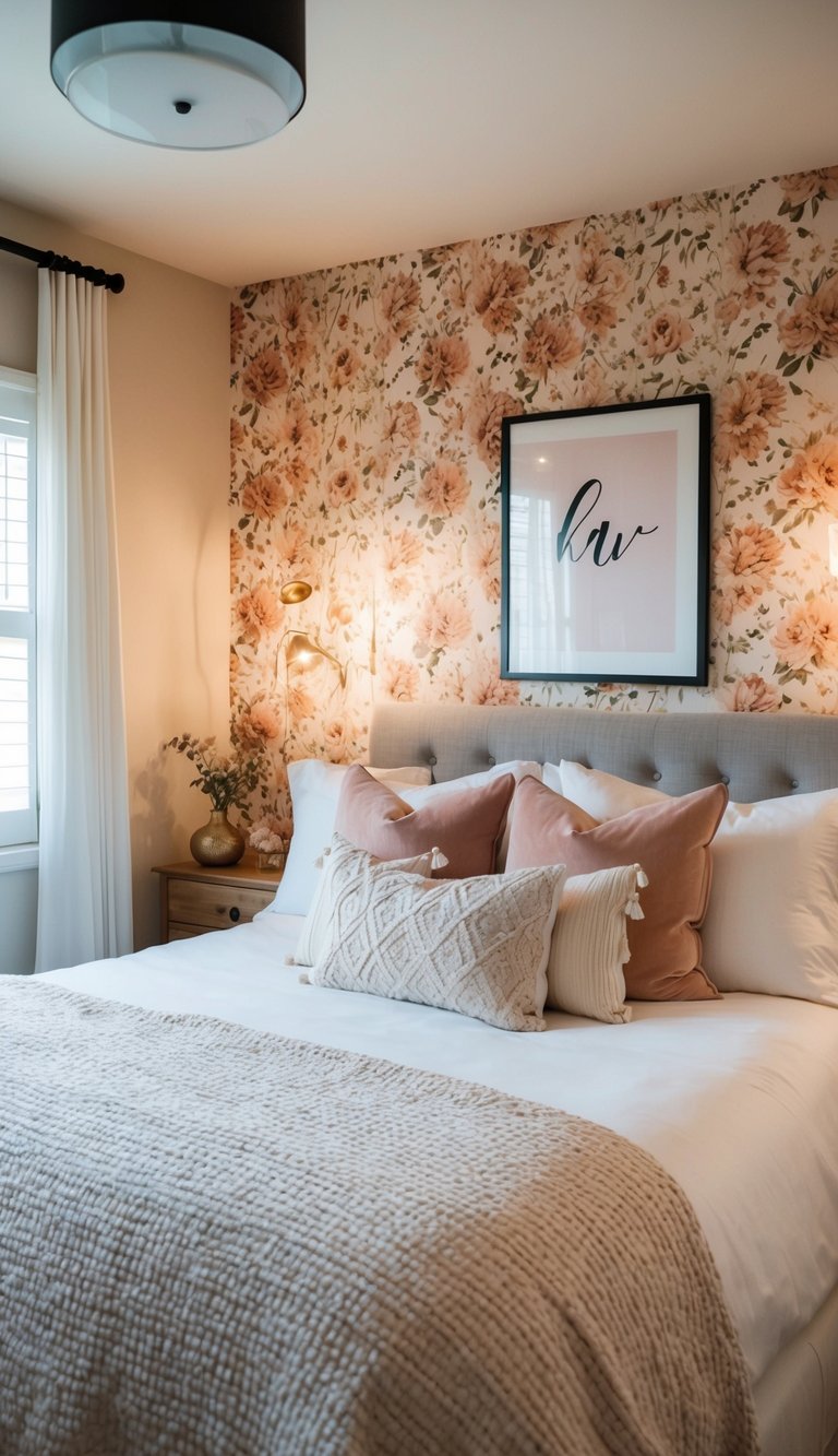 A cozy bedroom with a floral accent wall, soft lighting, and dreamy decor