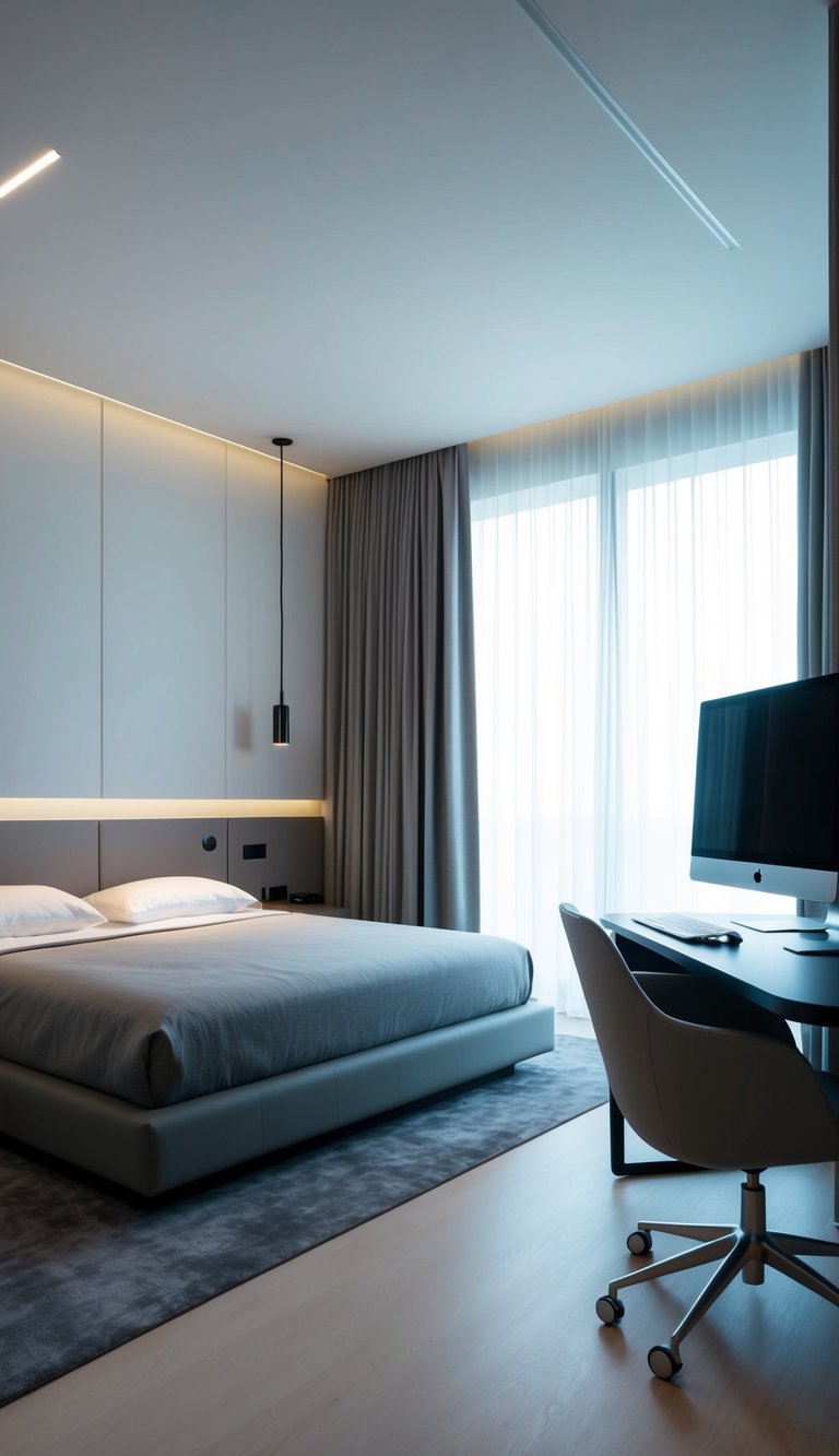 A sleek, minimalist bedroom with integrated technology. Smart lighting, automated curtains, and a sleek desk with a computer and charging station