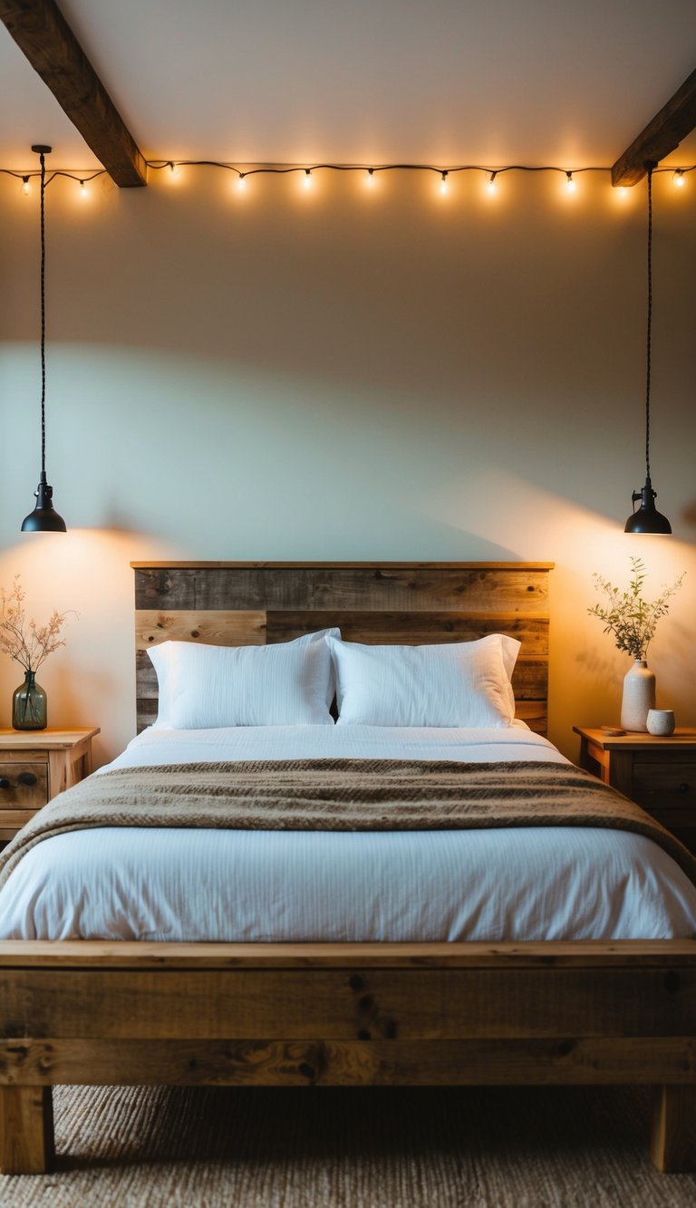 A cozy bedroom with a reclaimed wood bed frame as the centerpiece. Soft, warm lighting and natural elements create a dreamy and inviting atmosphere