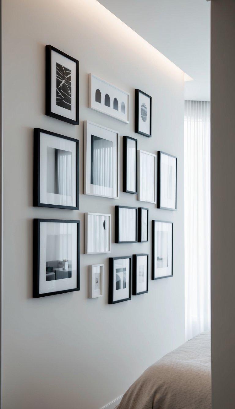 A gallery wall of framed modern art hangs in a sleek bedroom with minimalist decor and soft lighting