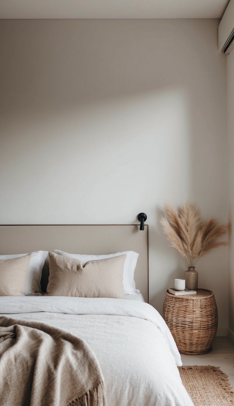 A cozy, minimalist bedroom with a mix of modern and rustic elements. Clean lines, natural textures, and a neutral color palette create a serene and inviting space