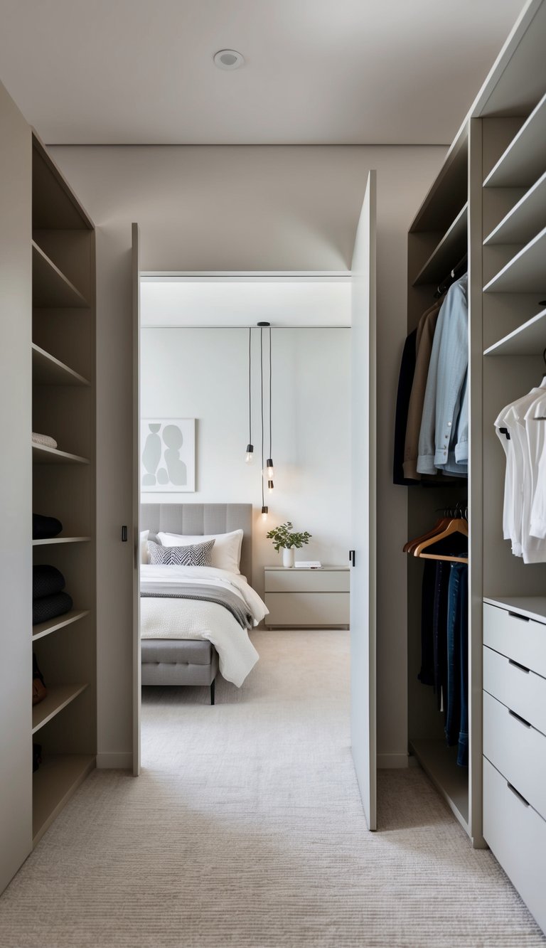 A sleek, open closet with organized shelves and hanging space in a modern bedroom with minimalist decor and neutral color scheme