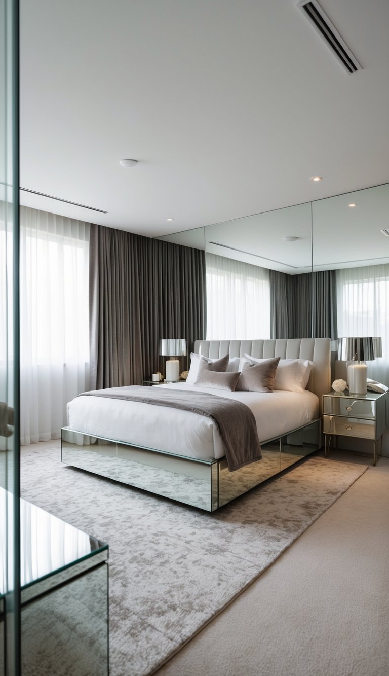 A sleek, modern bedroom with mirrored furniture and minimalist decor