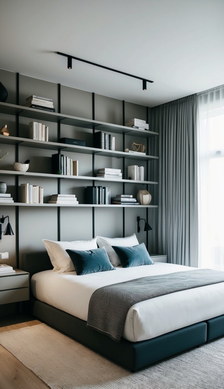 A modern bedroom with asymmetric shelving units displaying various decor and books, with clean lines and minimalistic design