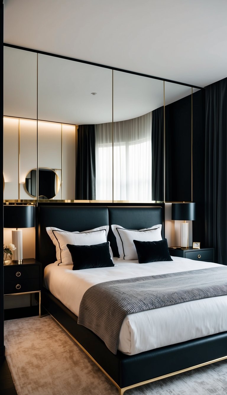 A sleek, modern bedroom with black and gold decor, featuring elegant furniture and minimalist design