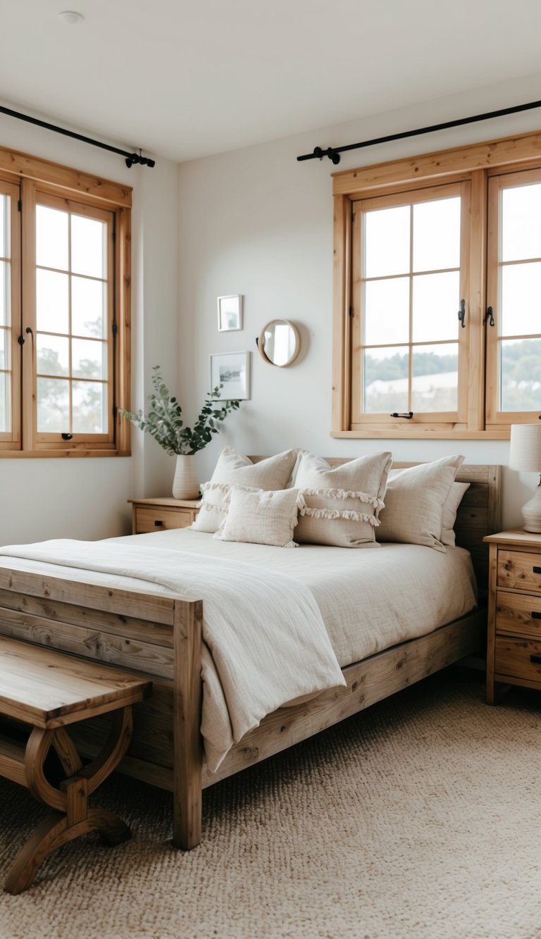 A cozy bedroom with rustic wooden furniture, neutral color palette, and minimal decor. Large windows let in natural light, and a plush bed is the focal point