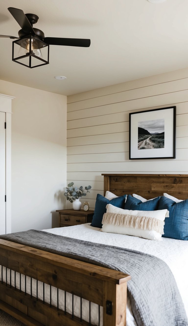 A cozy bedroom with shiplap walls, a rustic wooden bed frame, and modern farmhouse decor