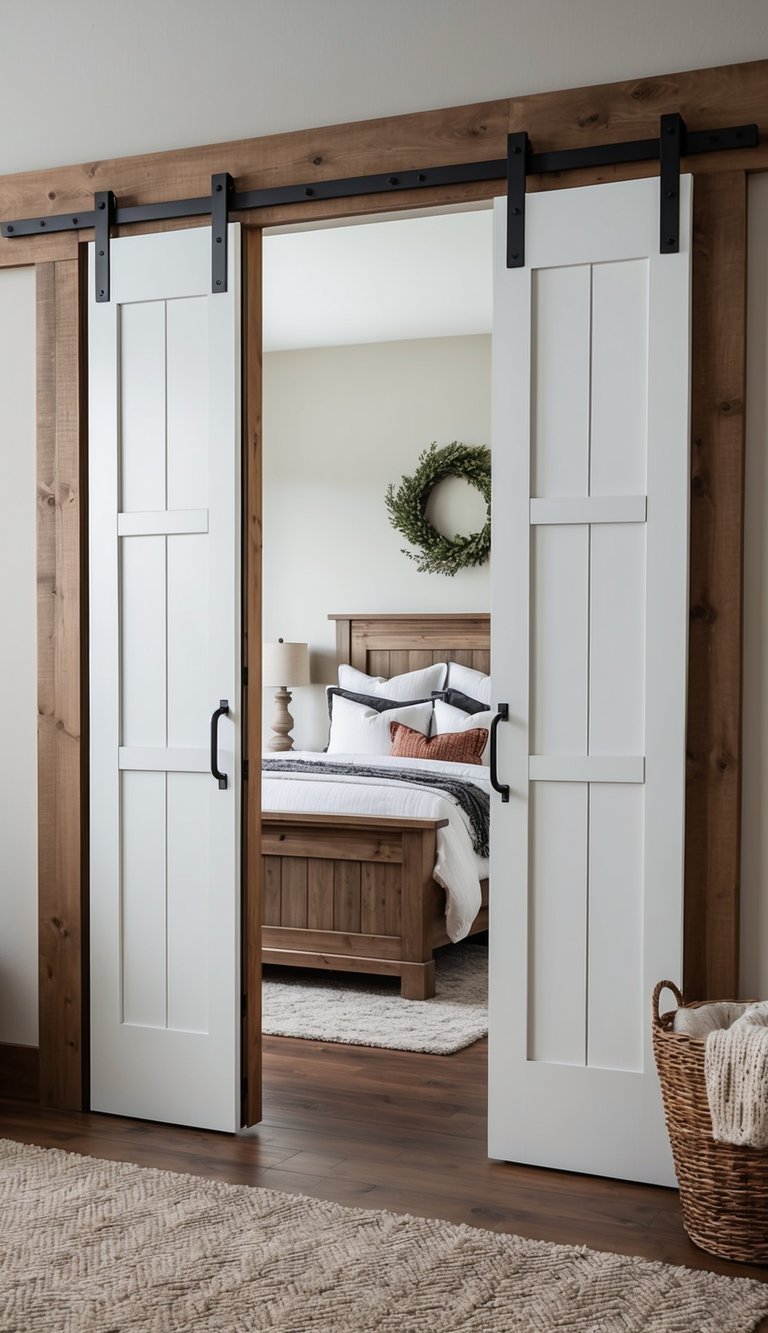 Sliding barn doors open to reveal a modern farmhouse bedroom with rustic accents