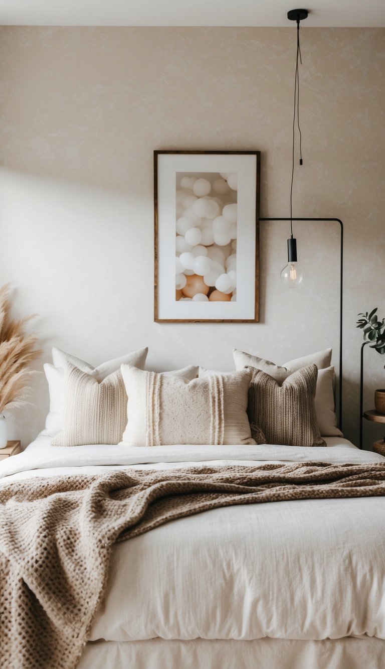 A cozy bedroom with a mix of rustic and modern elements, featuring neutral tones and minimalist decor for a calming ambiance