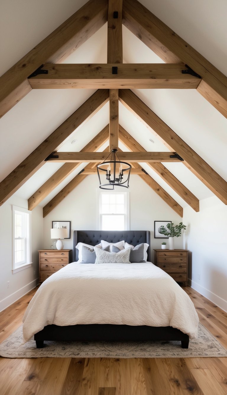 Wooden beams crisscross the vaulted ceiling, adding rustic charm to the modern farmhouse bedroom