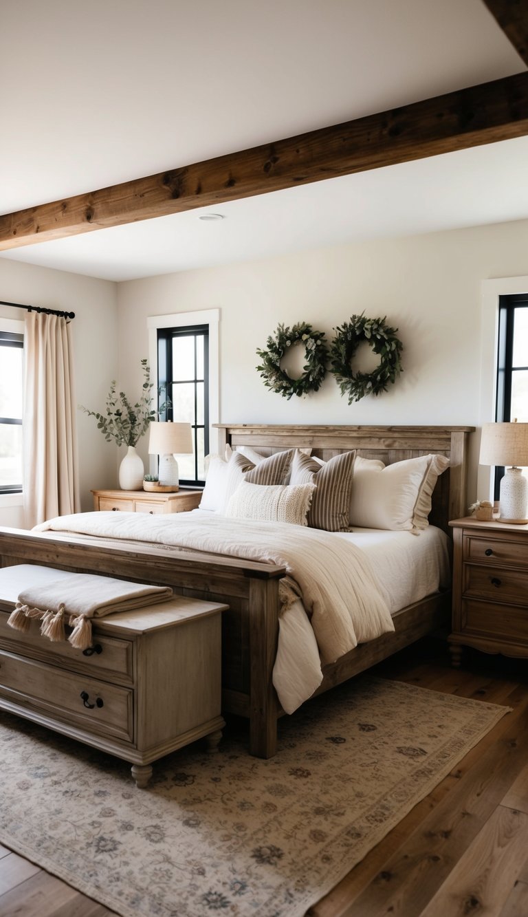 A cozy modern farmhouse bedroom with distressed wooden bed, vintage dresser, and rustic nightstands. A mix of neutral colors and cozy textiles create a warm and inviting atmosphere