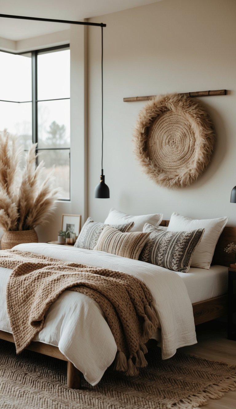 A cozy modern farmhouse bedroom with layered textiles: throws and rugs create a warm and inviting atmosphere