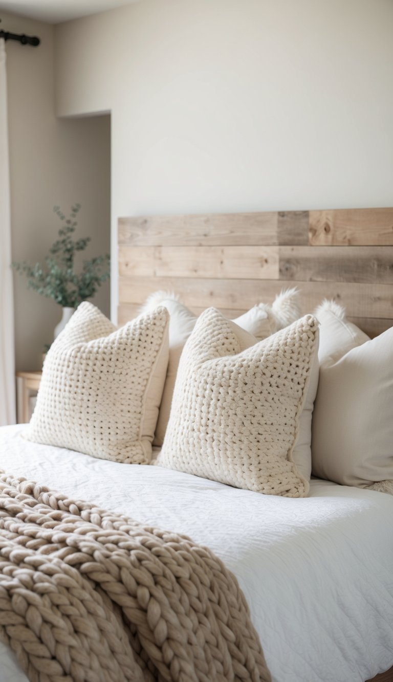 A cozy, oversized bed with fluffy pillows and a warm, chunky knit blanket. Rustic wood headboard and soft, neutral colors create a modern farmhouse vibe