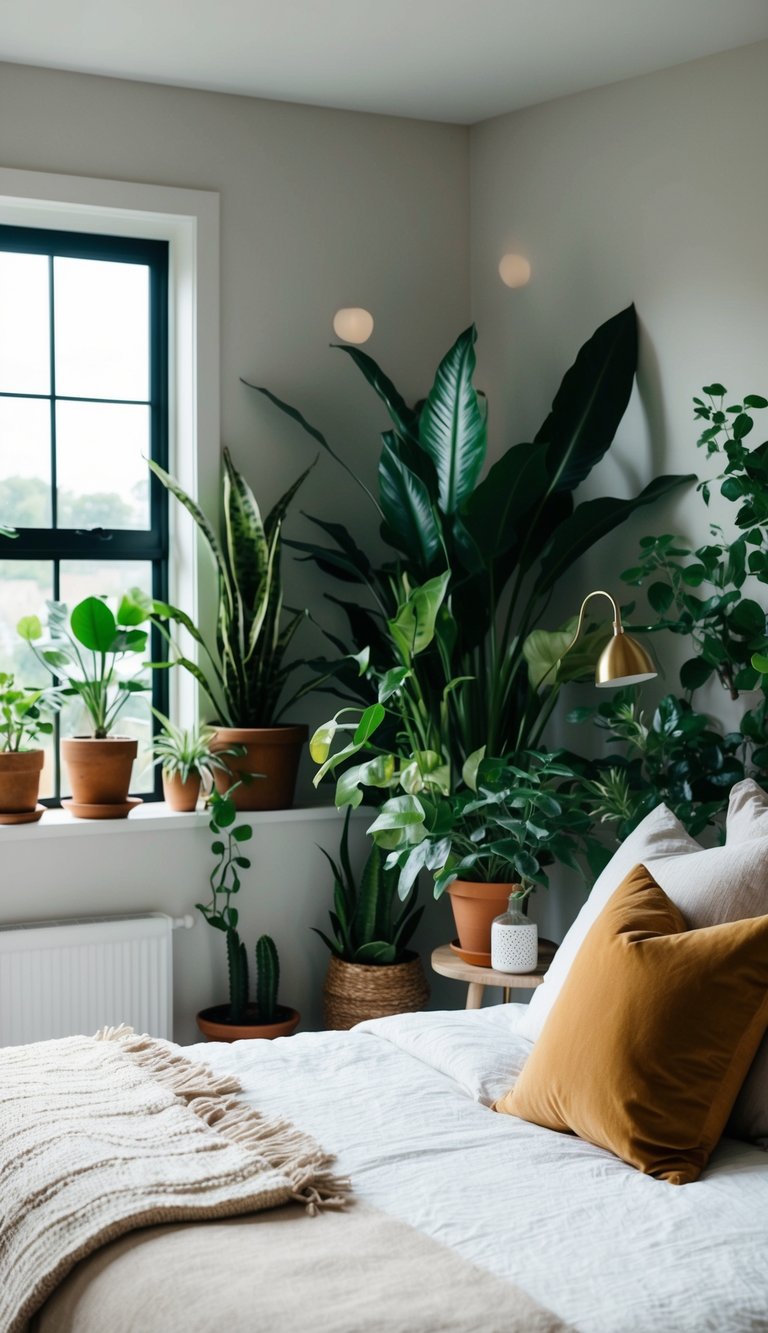 A cozy modern farmhouse bedroom with a variety of indoor plants adding a touch of greenery to the space