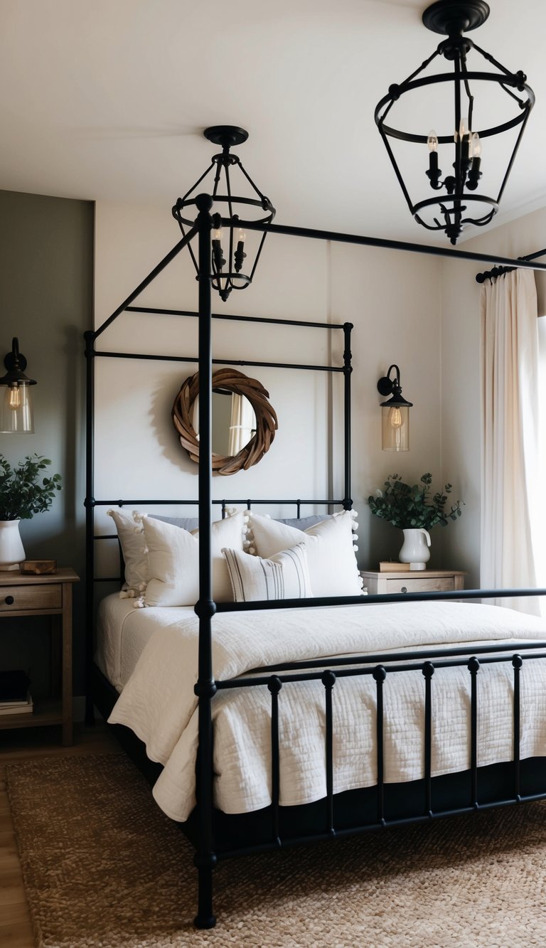 A cozy bedroom with a mix of modern and farmhouse elements. A wrought-iron bed frame and metal light fixtures provide contrast