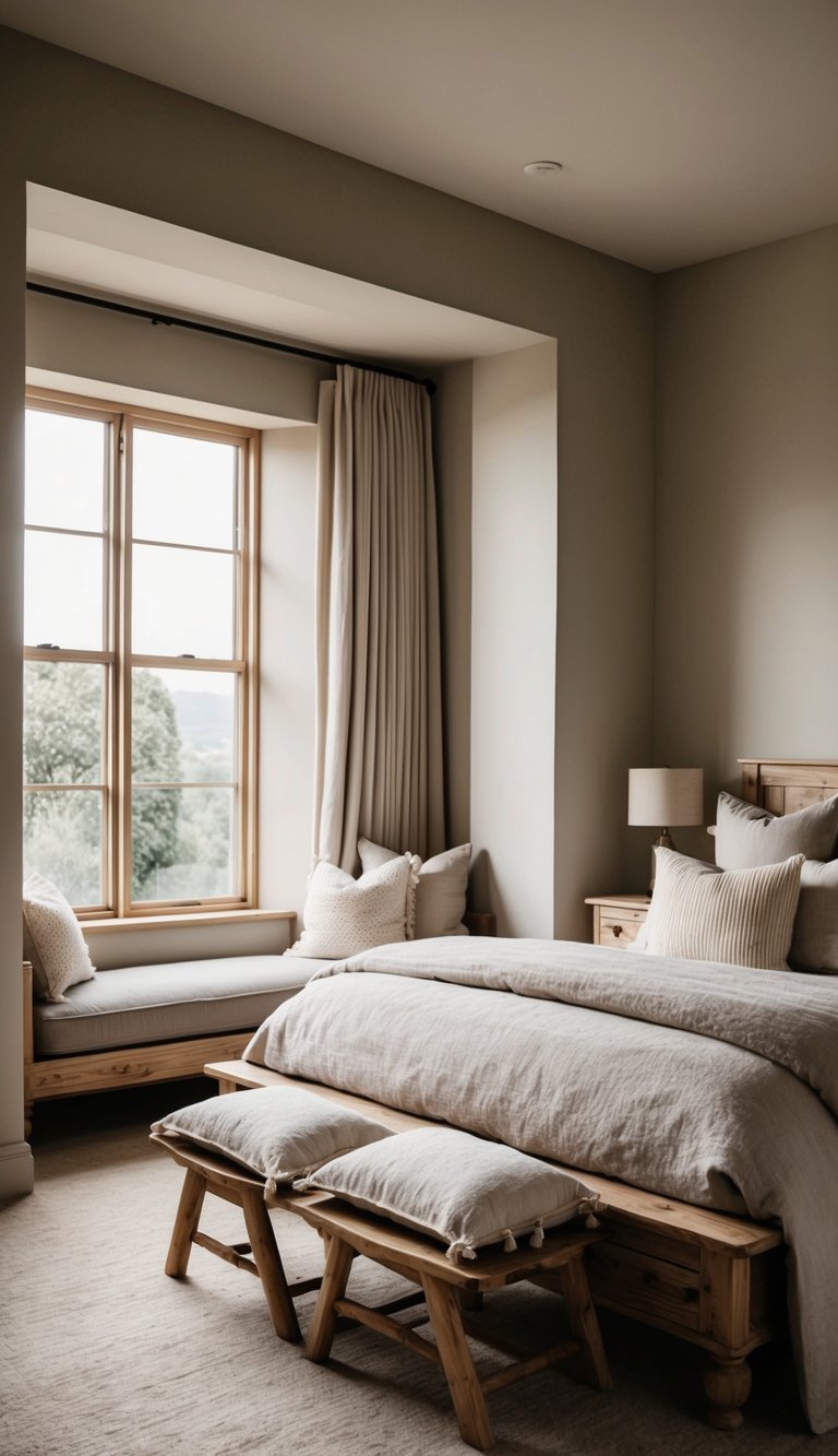 A cozy bedroom with rustic wooden furniture, soft linens, and muted color palette. A large window lets in natural light, creating a serene and calming atmosphere