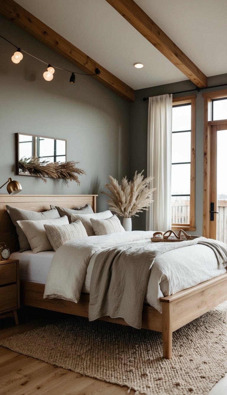 A cozy bedroom with a wooden bed frame, linen bedding, and natural decor