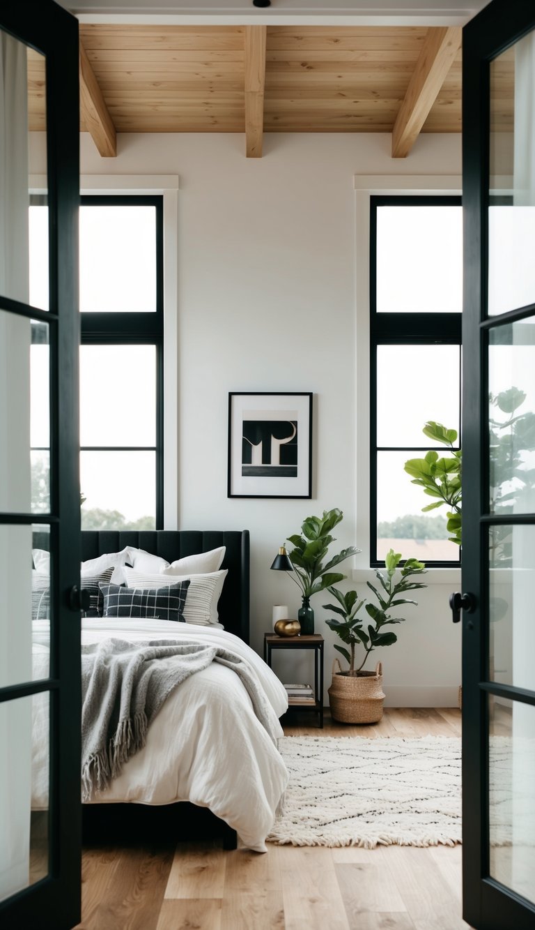 A cozy modern farmhouse bedroom with black window frames and contemporary decor