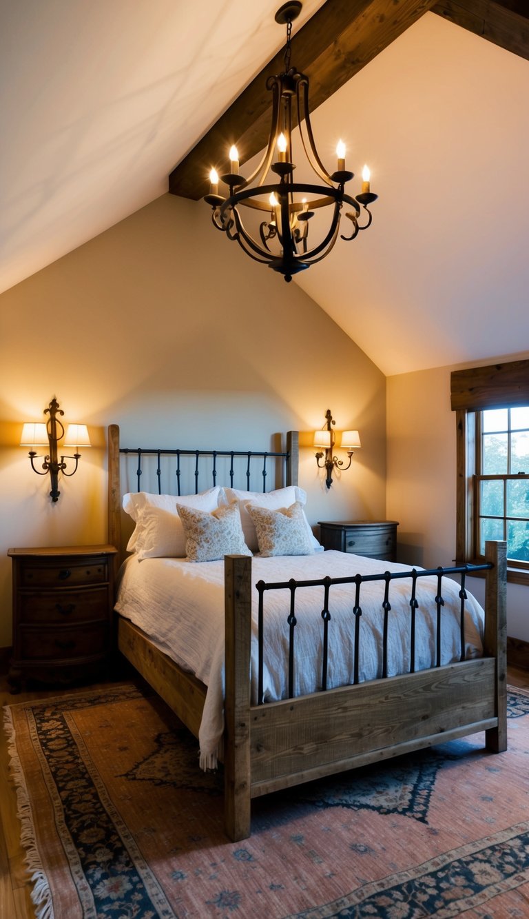 A cozy bedroom with a vaulted ceiling, featuring a wrought iron chandelier and sconces, casting warm light over a distressed wood bed frame and vintage rug