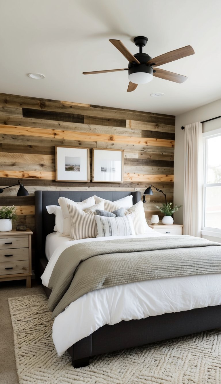 A cozy bedroom with a reclaimed wood accent wall, featuring modern farmhouse decor and natural lighting