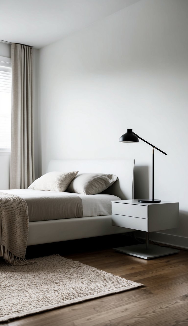 A sleek, minimalist bed with clean lines and neutral bedding. A simple, modern nightstand with a sleek lamp. A cozy, textured rug on hardwood floors