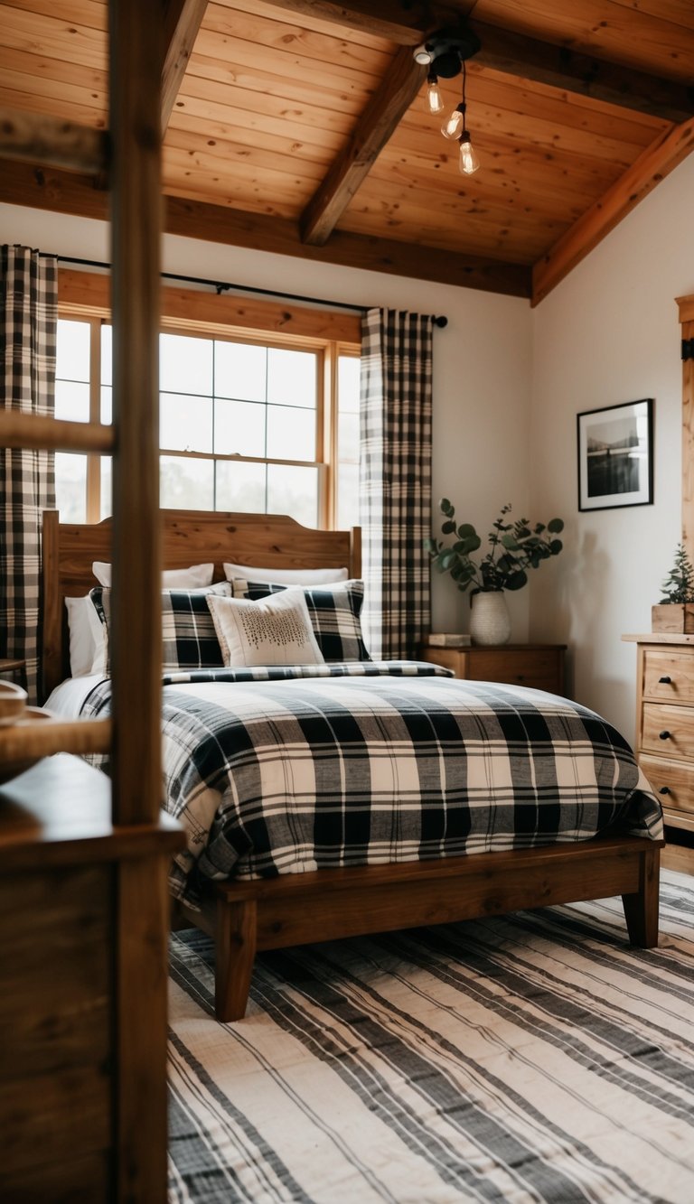 A cozy bedroom with plaid or striped bedding, wooden furniture, and rustic decor