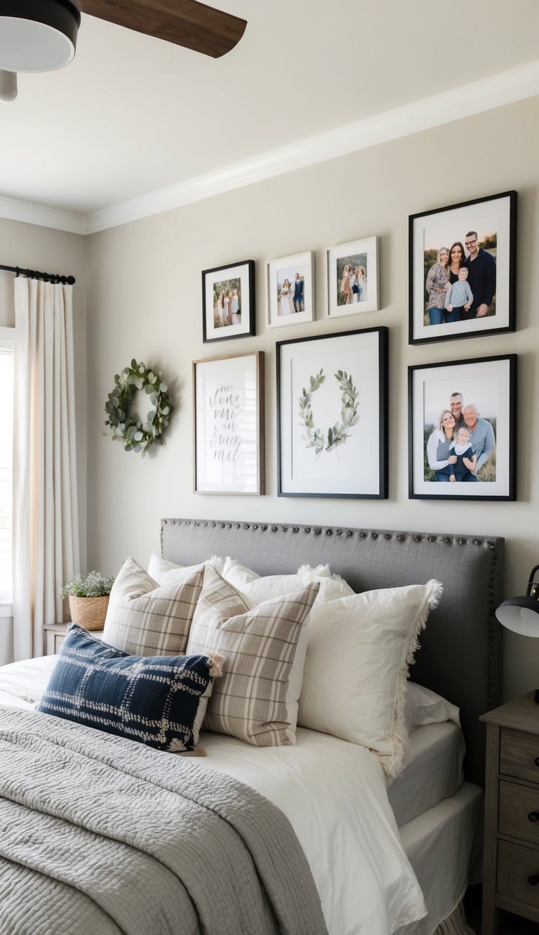 A cozy bedroom with a mix of modern and farmhouse decor. A gallery wall featuring family photos and artwork adds personal touches to the space