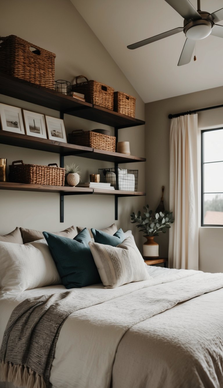 A cozy modern farmhouse bedroom with open shelving for storage and display, featuring rustic decor and natural light