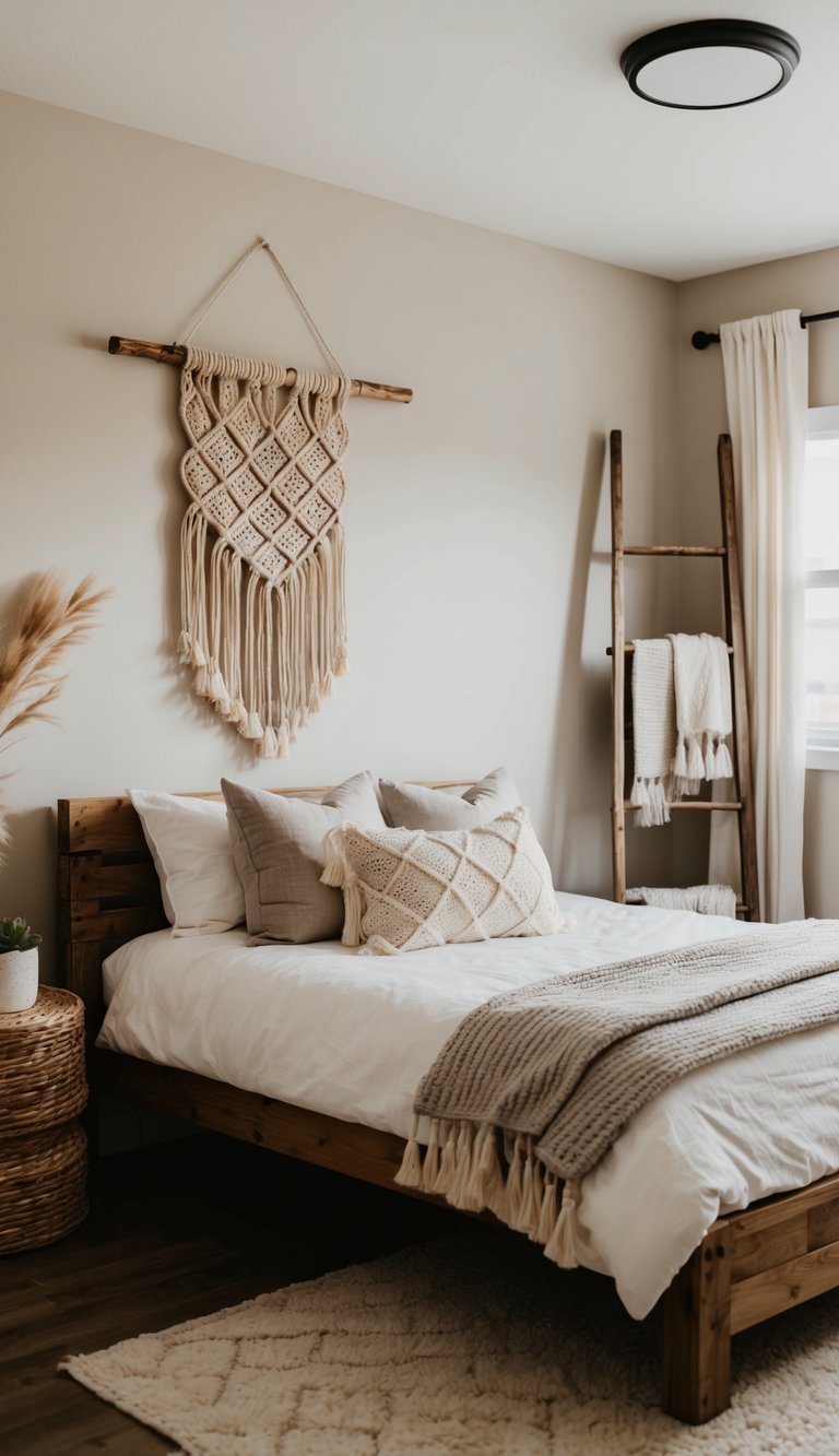 A cozy bedroom with rustic wood furniture, neutral color palette, and DIY decor pieces like a handmade macrame wall hanging and a repurposed ladder shelf