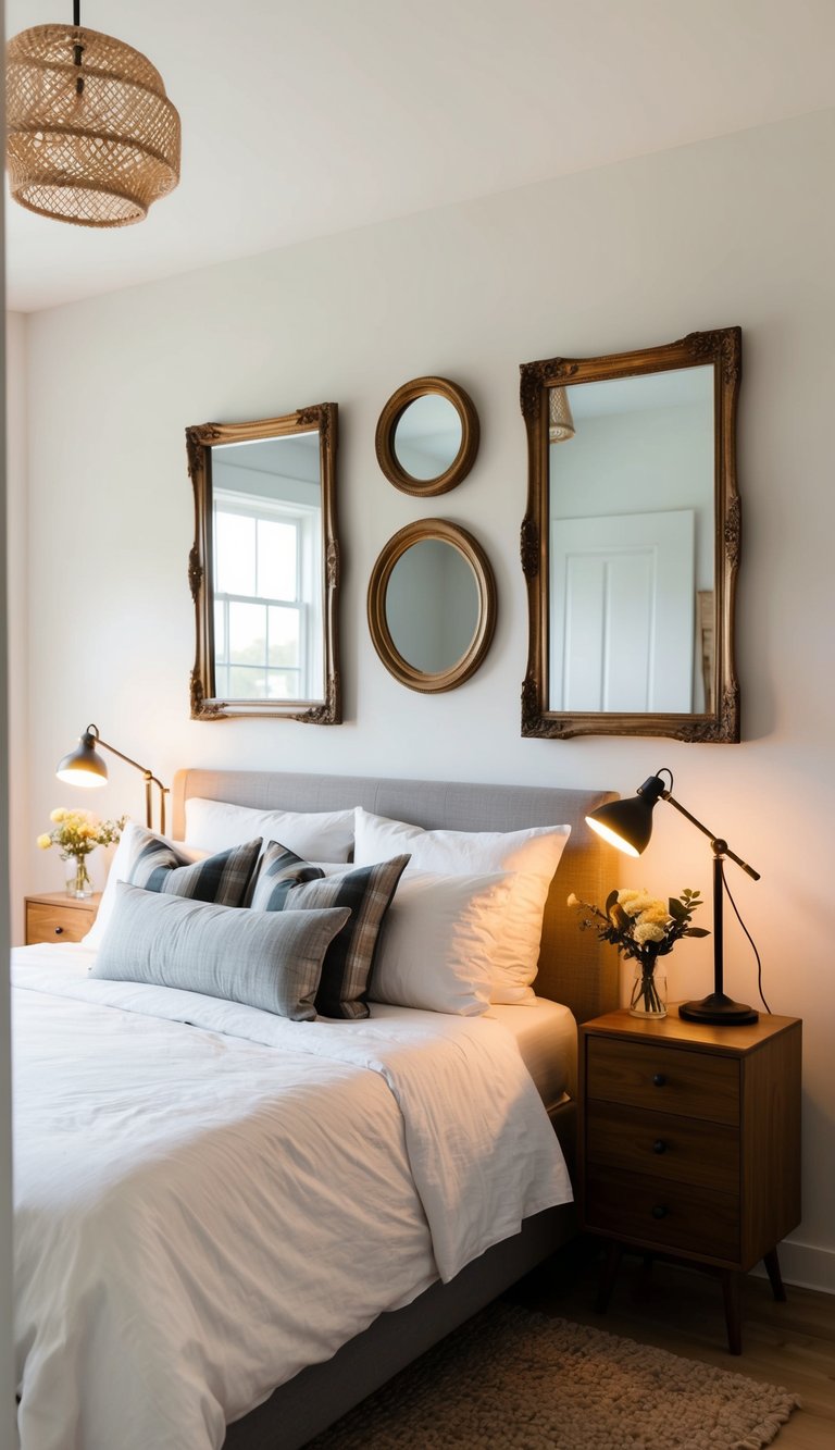 Vintage-style mirrors reflect light in a modern farmhouse bedroom, creating depth and warmth