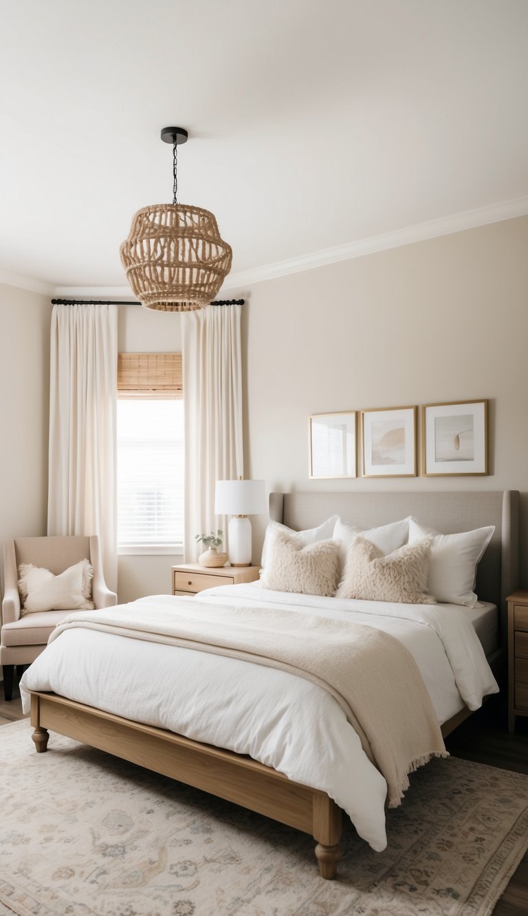 A cozy bedroom with a neutral color palette, wooden furniture, and soft, subtle area rugs