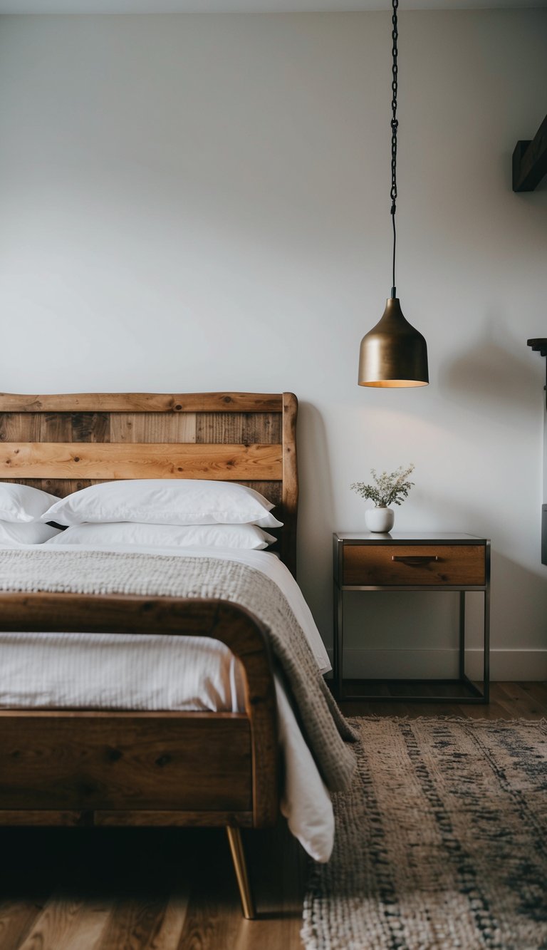 A cozy bedroom with a mix of vintage and modern furniture, featuring a rustic wooden bed frame and sleek metal nightstands