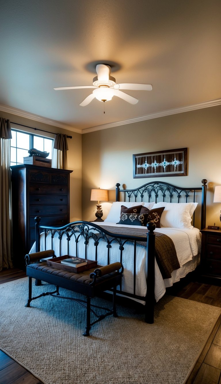 A cozy bedroom with dark wood furniture, a wrought iron bed, and Western-inspired decor