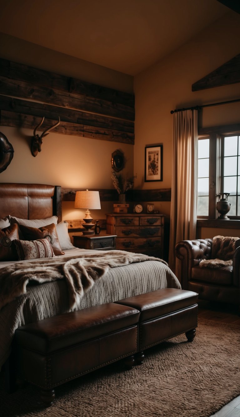 A dimly lit bedroom with leather furniture, rugged wooden accents, and vintage western decor