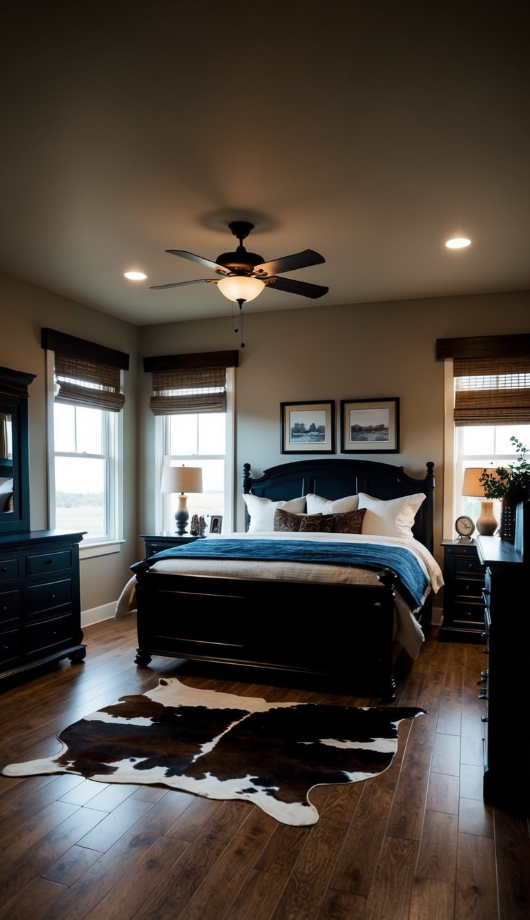 A cozy bedroom with dark wood furniture, dim lighting, and cowhide rugs on the floor for a touch of authentic western style